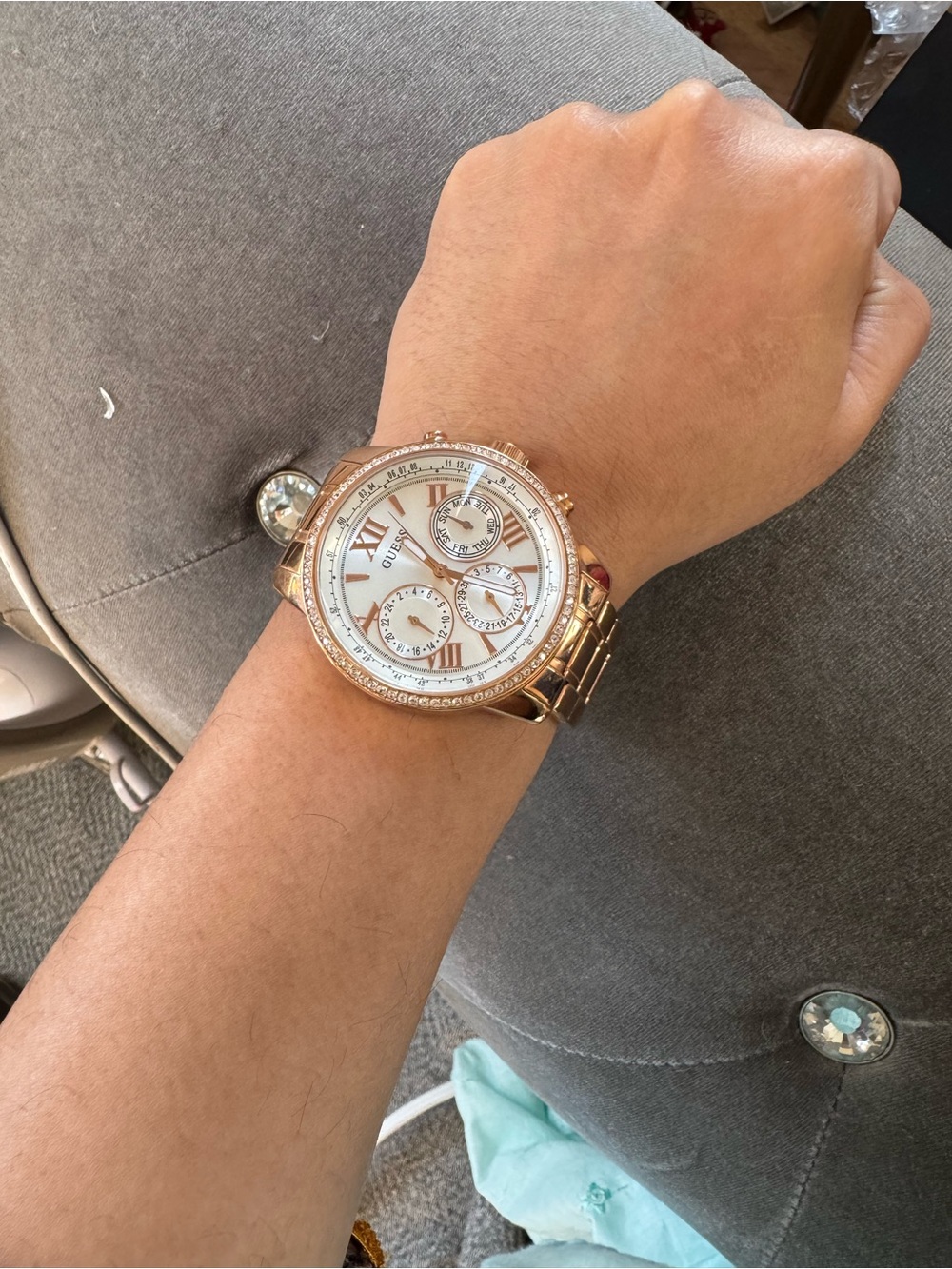 GUESS Women’s Rose Gold Multifunction Crystal Bezel Watch